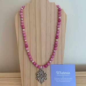 Genuine Cherry Quartz Freshwater pearls Sterling silver filigree pink necklace